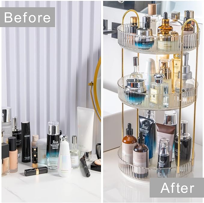 360° Rotating Makeup Organizer, Bathroom Make Up Spinning Holder Rack, Large Capacity Cosmetics Storage Vanity Shelf Countertop, Fits Cosmetics, Perfume, Skincare, Lipsticks(3 Tiers, Clear)