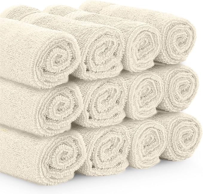White Classic Luxury Washcloths for Bathroom-Hotel-Spa-Kitchen-Set - Circlet Egyptian Cotton - Highly Absorbent Hotel Quality Face Towels - Bulk Set of 12-13x13 Inch (Ivory)