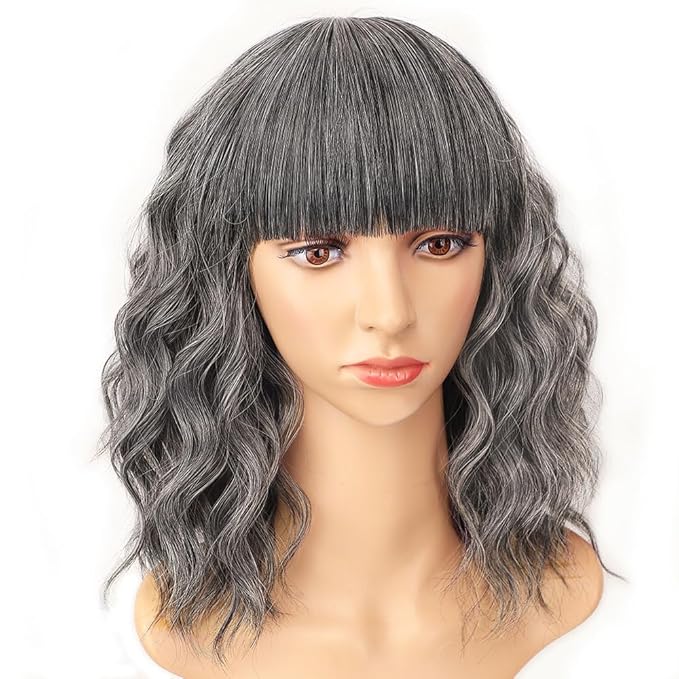AISI HAIR Grey Salt & Pepper Synthetic Wavy Curly Bob Wig with Bangs Short Wavy Hair for Women Synthetic Heat Resistant Bob Wigs