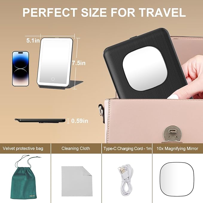 LED Foldable Travel Makeup Mirror - 5x7 inches 3 Colors Light Modes USB Rechargeable Touch Screen, Portable Tabletop Cosmetic Mirror for Travel, Cosmetic, Office (Black)