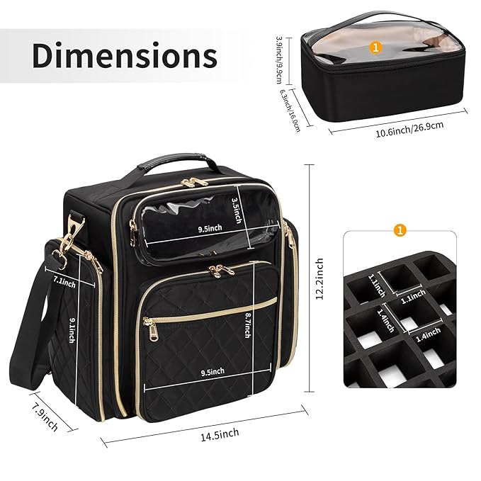 OCHEAL Nail Polish Organizer Case for 50-60 Bottles (15ml) - Portable Manicure Storage Bag with 2 Detachable Pouches, Nail Lamp Compartment & Tools Sections - Travel-Friendly Cosmetic Carrying,Black