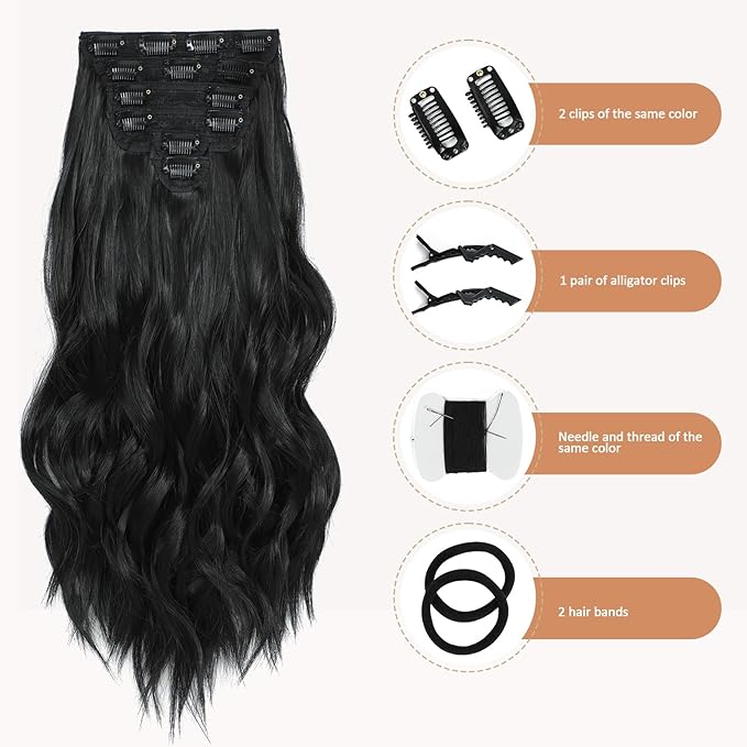 Clip in Hair Extensions for Women,Natural Black Extensions, 20 Inch 6PCS Hairpieces Long Wavy Soft Thick Hair Extensions clip ins