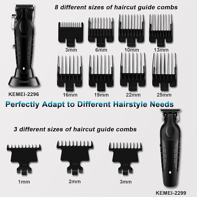 KEMEI Black Professional Hair Clippers and Trimmers Set, Electric Hair Clippers for Men, Cordless Barber Clippers, T Blade Trimmer, Rechargeable Haircut Fade Clippers