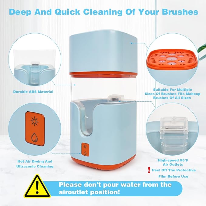 2 In 1 Electric Makeup Brush Cleaner Ultrasonic Cleaner Machine With 95℉ Hot Air Cycle Dryer - Ultra Fast Effective Make Up Brush Washer (Blue)