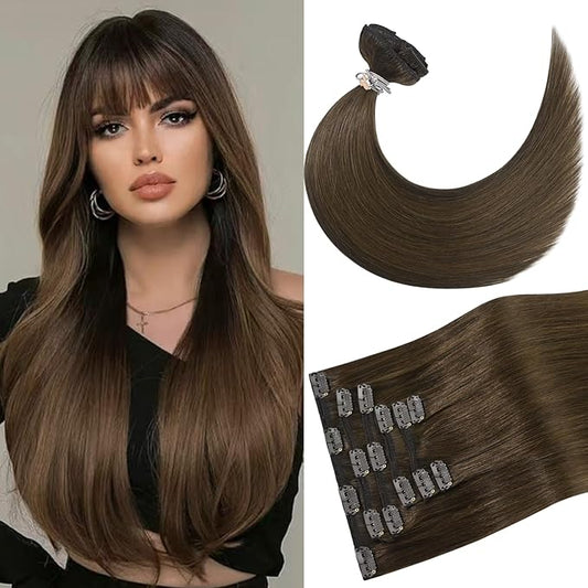 Clip in Hair Extensions Real Human Hair Medium Brown 22 inch 75g Soft Straight 100% Smooth Human Hair Brown Remy Hair Extensions Clip ins for Women