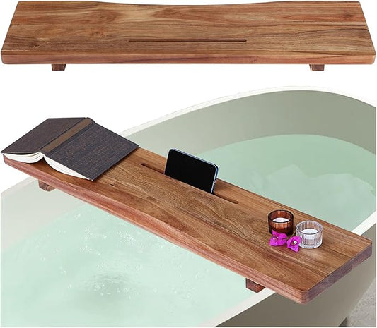 Premium Acacia Wood Bathtub Tray Caddy with Adjustable Legs, Minimalistic Design Bath Tray for Tub, Bathtub Accessories, Fit Standard and Against Wall Bath Tubs, Gift Idea for Women