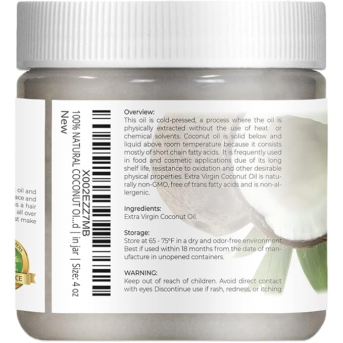 Velona USDA Certified Organic Coconut Oil Extra Virgin - 4 fl oz | Food and Cosmetic Grade | in jar | Extra Virgin, Cold Pressed