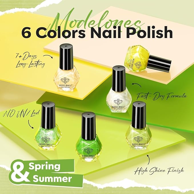 modelones Green Nail Polish, Spring Summer Easter Yellow White 6 Colors Quick Dry Nail Polish Set Mini Finger Long Lasting Fast Drying Manicure DIY Nail Art Home Salon Gift For Women Girls