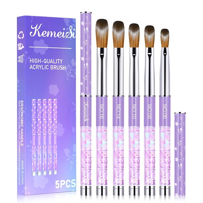 5PCS Acrylic Nail Brush Set, Sizes 06/08/10/14/16 Kolinsky Art Brushes for Application, Sturdy Handle Oval Shaped Powder Design Tools for Professional Manicure DIY