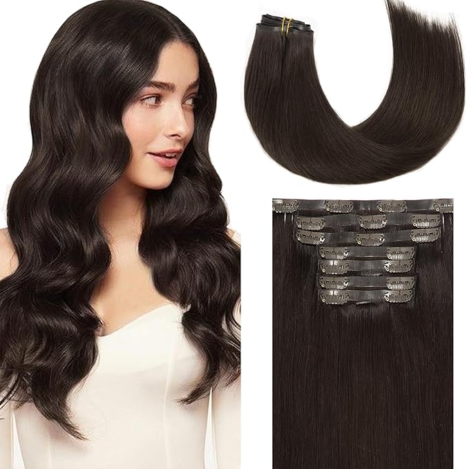 Loxxy Seamless Clip in Hair Extensions Real Human Hair Dark Brown 7Pcs 130G 16Inch Clip in Extensions Human Hair Natural Silky Straight Invisible PU Weft Edge Remy Hair Extensions