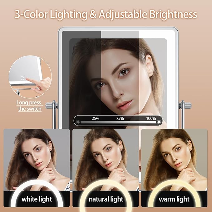 FASCINATE Rechargeable Wall Mounted Makeup Mirror, Bathroom Mirror Rectangle 8.7 Inch Double Sided 1X 10X Magnifying, 3 Color Setting, Extended Arm 360° Swivel Foldable Chrome