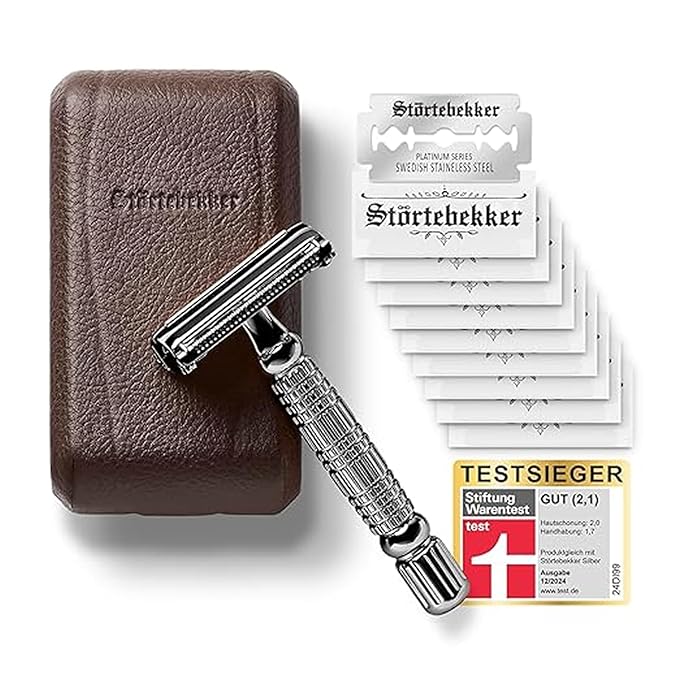 Störtebekker® Premium Men's Safety Razor ‘Hamburg’ - incl. handmade leather case with built-in mirror, 10 Störtebekker blades & shaving guide - First Class Wet Razor shaving set - Gift Idea for Men