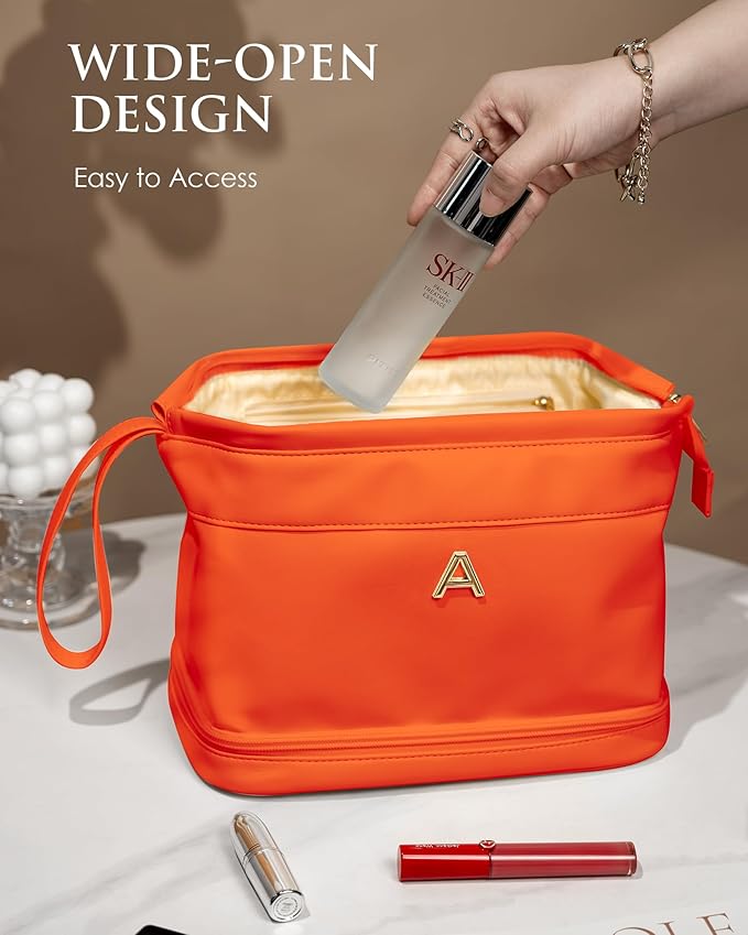 Gifts for Friends Female Mom, Initial Makeup Bag, Personalized Double Layer Cosmetic Bag with Makeup Brush Organizer, Waterproof, Large Capacity PU Leather Travel Toiletry Bag, Gift for Wife