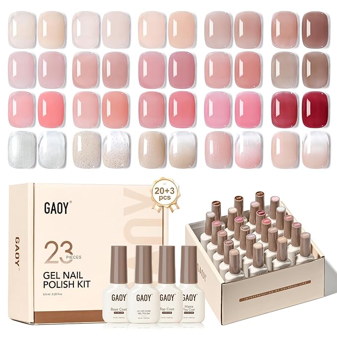 GAOY 23 Pcs Gel Nail Polish Kit, Nude Pink Glitter UV Gel Polish Set with Glossy & Matte Top Coat and Base Coat for Nail Art Home DIY