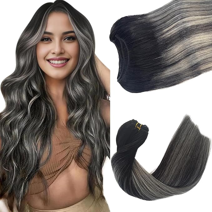 Sew in Hair Extensions Real Human Hair Wefts Extensions 100G 20 Inch Ombre Natural Black Balayage Silver Grey Highlights Hand Tied Weft Hair Extensions Real Remy Human Hair Bundles Weave Extensions
