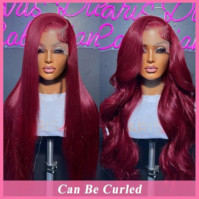 Azkiu 30 Inch 99J Burgundy Lace Front Wigs Human Hair Wine Red Colored Straight 13x4 HD Lace Frontal Wigs Human Hair Pre Plucked with Baby Hair Glueless 150% Density