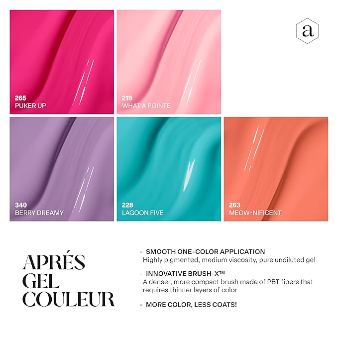 Apres Gel Couleur Combo Set, 5 Color Gel Nail Polish, Bright Nude Pastel Colors with Brush-X Nail Art Brush, 2024 Edition (Set 19)