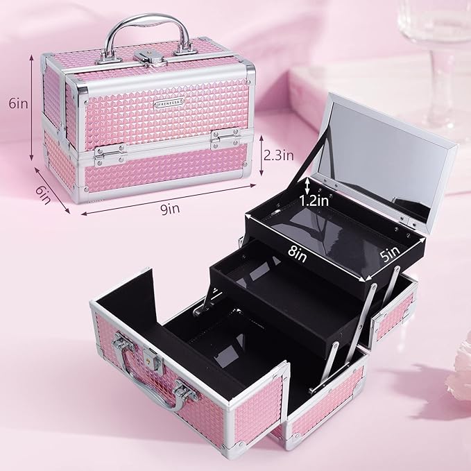 FRENESSA Makeup Box Organizer Portable Cosmetic Train Case Travel Makeup Case with Mirror Locking Make Up Cases Organizers and Storage for Artist Nail Supplies Hard Cosmetic Box Pink