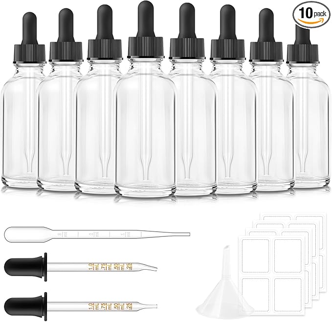 Dropper Bottle 2 oz, 10 Pack Glass Eye Dropper Bottles with Labels and Funnel, Tincture Bottle with Measured Dropper - Leakproof Essential Oils Bottles