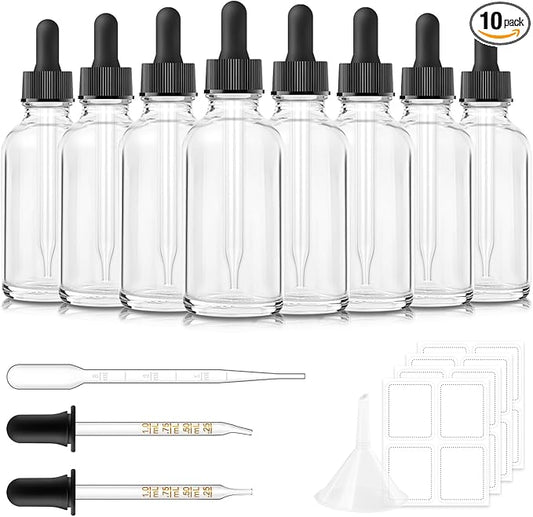 Dropper Bottle 2 oz, 10 Pack Glass Eye Dropper Bottles with Labels and Funnel, Tincture Bottle with Measured Dropper - Leakproof Essential Oils Bottles