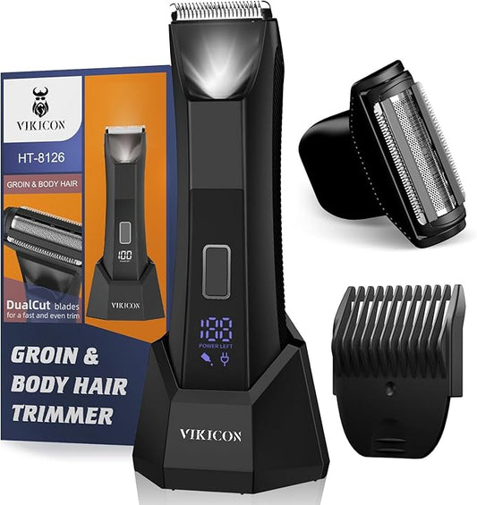 VIKICON 2-in-1 Manscape Trimmer & Shavers for Men: No-Nick Full Body Electric Razor for Pubic, Balls, Back Hair w/Dual-Head Trimmer & Foil Blades - Waterproof Groomer Kit w/Light, Travel Lock & Pouch