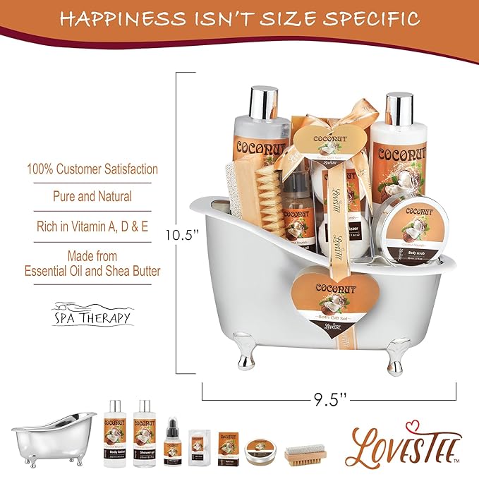 Relaxing Spa Gift Baskets For Women- Bath and Body Gift Set for mom Coconut Spa Kit includes Bath Bombs, Message Oil, Body Scrub, Bath Salt, Body Lotion, Shower Gel and Scrub Brush