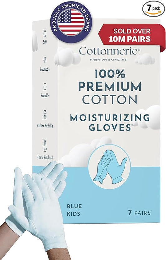 Kids 7 Pairs Blue 100% Premium Cotton Moisturizing Gloves for Kids: Dry Hands & Eczema | Overnight Lotion Treatment for Children, Girl & Boy | Reusable, Free Washing Bag, 2-5 Years