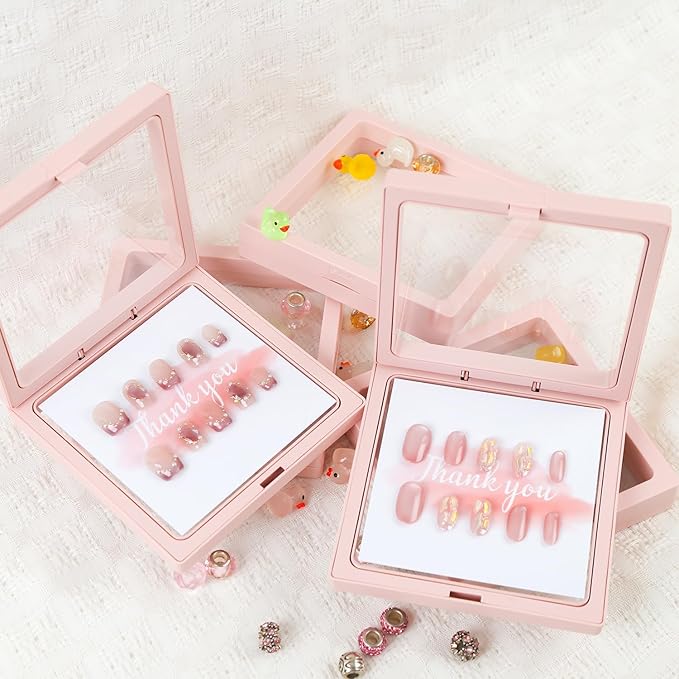 30 Pcs Press On Nail Packaging Nail Boxes Storage Display Box with 90 Pcs Adhesive Double Sided Tape with 30 Pcs Thank You Display Cards or Nail Salon Pink
