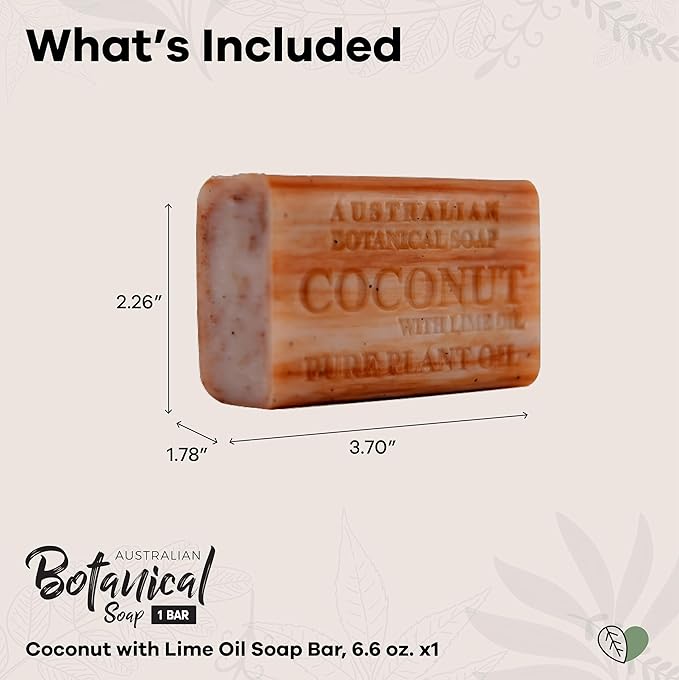 Australian Botanical Soap Coconut with Lime Oil 6.6 oz Triple Milled Luxury Soap Bar Enriched with Shea Butter, Coconut Shells, and Essential Oil, Pack of 1