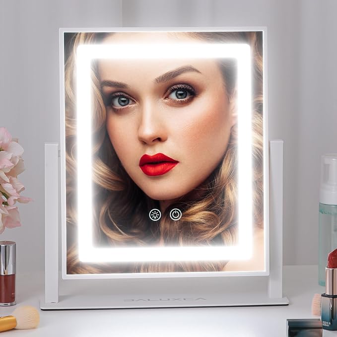 Lighted Makeup Mirror，Hollywood Vanity Mirror with Lights，Touch Control，3 Colors Dimable，Brightness Adjustable，Detachable 10x Magnification，for Vanity Desk Tabletop，Bedroom，360°Rotation，Gift for Women