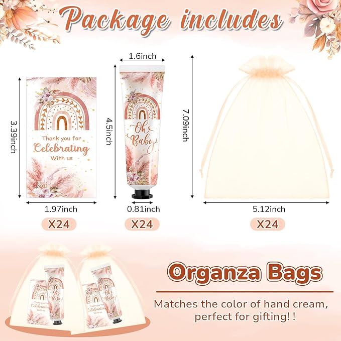 24 Sets Baby Shower Hand Cream Bulk Bohemia Baby Shower Favors Bridal Thank You Appreciation Hand Cream for Guests Travel Size Lotion with Organza Bags