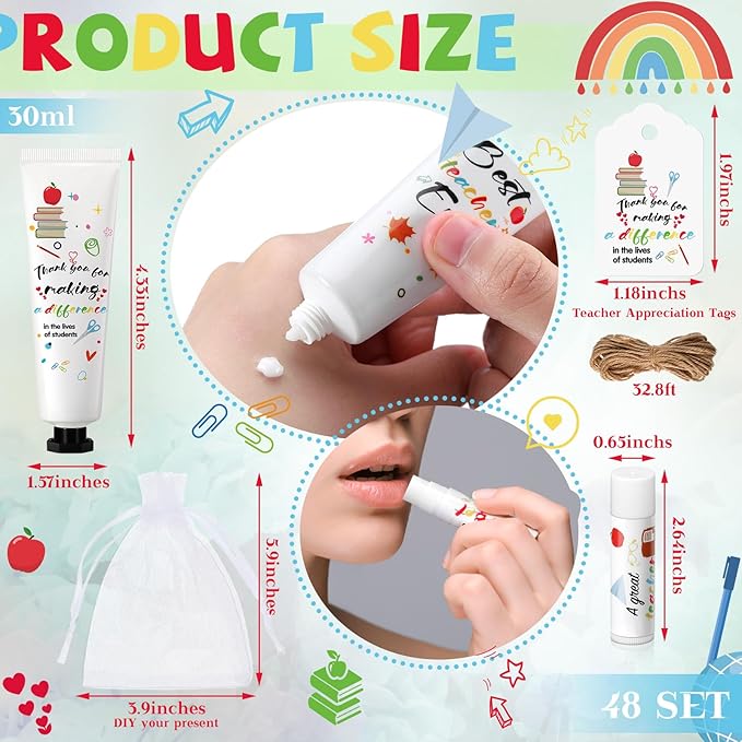 48 Set Teacher Appreciation Gifts Lip Balm Hand Cream Thank You Gifts with Cards Organza Bags Travel Size Moisturizing Hand Lotion for Dry Crack Hand Teachers' Day