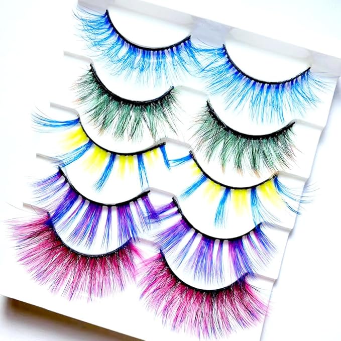 Sunniess Ombre Colored Lashes Silk Protein Fluffy Wispy Volume Fake Lashes for Halloweens Cosplay Party Stage Russian D Curl Lashes with Color Make up Faux Mink False Eyelashes 5 Pairs (5ce-02)