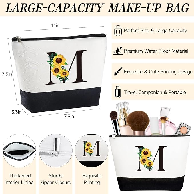 Personalized Gifts for Women: Monogrammed Canvas Tote Bag, Makeup Bag & Glass Cup (Sunflower, Mom, Sister, Best Friends)