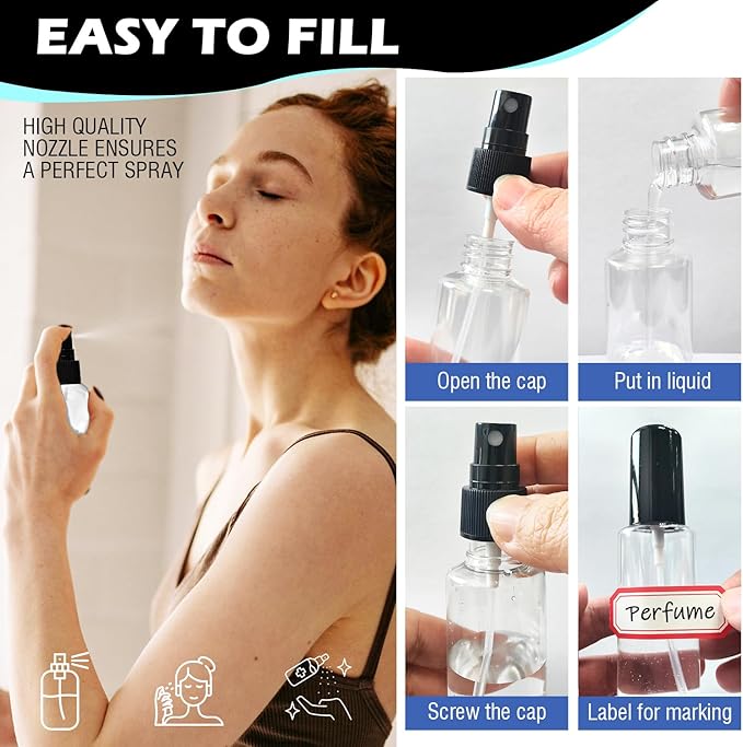 100 Pack 2oz/55ml Plastic Spray Bottles Mini Travel Spray Bottle with Black Cap Empty Fine Mist Spray Bottles Refillable Liquid Container for Perfumes Travel Makeup