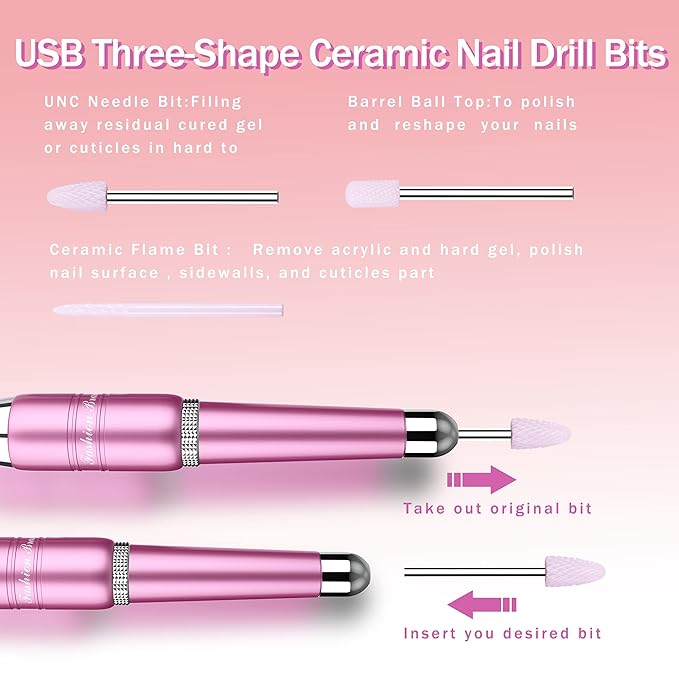 Beloving Electric Nail Drill, 20000rpm Portable Electric Nail File Efile Machine for Manicure Pedicure Acrylic Gel Nails with Nail Drill Bits, Professional Acrylic Nail Drill for Home & Salon, Pink