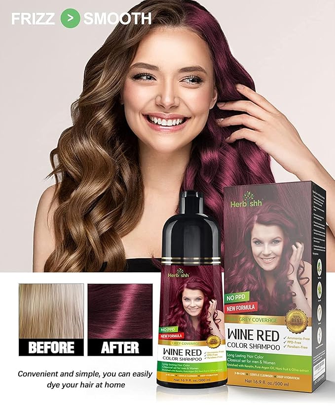 Combo Pack - Herbishh Hair Color Shampoo for Gray Hair + Argan Intense Hair Mask - Hair Dye Colors in Minutes - Long-lasting - 500 Ml - Stimulates Dry, Frizzy Hair (Wine Red)