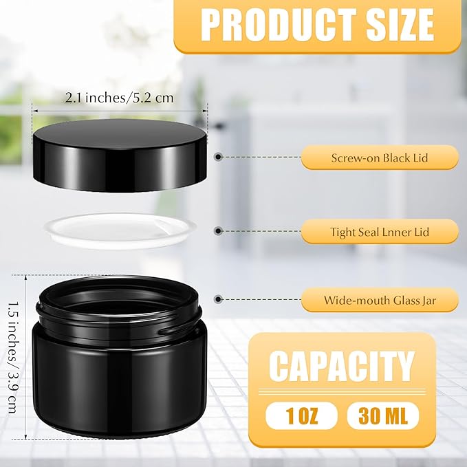 Domensi 60 Pcs 1oz Glass Jars with Lids Bulk Salve Tins Small Glass Candle Cosmetic Jars for Travel with Inner Liners Containers for Lotions Sample Cream(Black,Black Lid)
