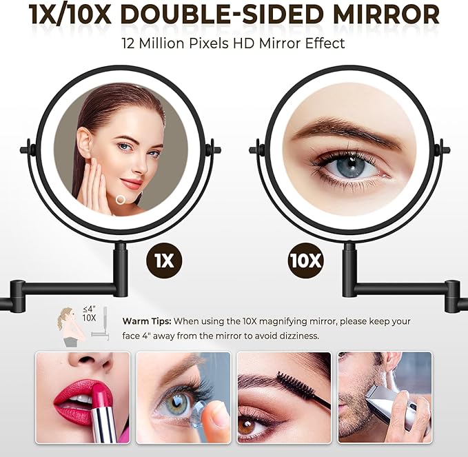 8" Wall Mounted Lighted Makeup Mirror, 3000mAh Rechargeable Double Sided 1X/10X Magnifying Mirror with Hook, 3 Color Lights Touch Dimmable 360° Rotation Vanity Mirror for Bathroom (Black)