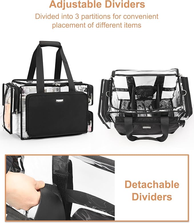 Relavel Clear Makeup Bag Extra Large Makeup Artist Set Bag, Cosmetic Storage Organizer Hair Stylist Travelling Bag, Transparent Tote Duffle Beach Toiletry Bag with Adjustable Dividers & Shoulder Strap
