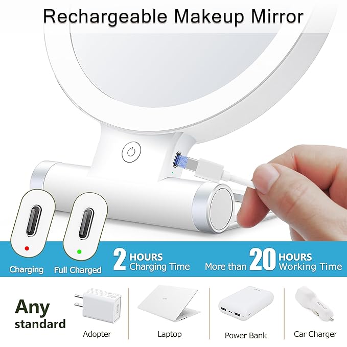 MIYADIVA 20X Magnifying Mirror with Light, Travel Magnifying Mirror, 1X/20X Vanity Mirror with Light, Adjustable Handle Travel Makeup Mirror, Touch Switch Light up Mirror for Plucking Eyebrows
