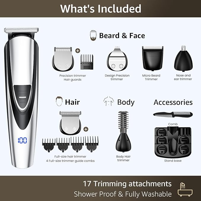 Electric Beard Trimmer for Men: 16-in-1 Professional Barber Hair Clippers - Cordless Grooming Kit - Turbo Speed & Precision Blades, Silver