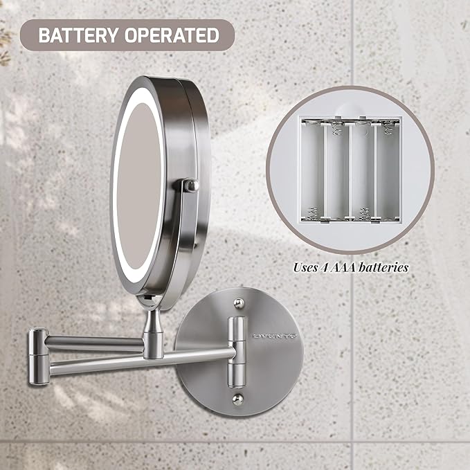 OVENTE 7" Lighted Wall Mount Makeup Mirror with 1X/10X Magnification, Cordless Double Sided Magnifying Round Vanity Mirror, 360° Swivel Design, Extendable and Folding Arm, Nickel Brushed MFW70BR1X10X