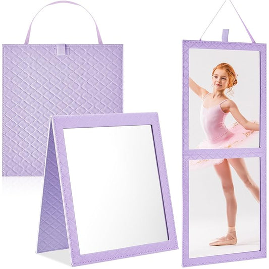 Foldable Backstage Mirror with Handle 33.5X 13.4 Inch Leather Folding Hanging Mirror Rectangular for Travel Dance Bag Home Fitness Spa Gift for Dancers（Purple）