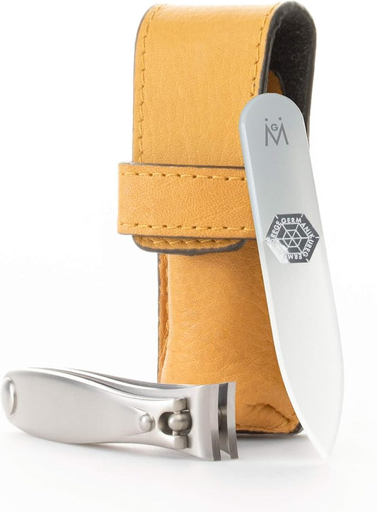 GERMANIKURE Nail Clipper and Glass Nail File Set in Yellow Leather Case - Made in Solingen Germany of FINOX Stainless Steel, Glass Nail Care Supplies Made in Czech Republic