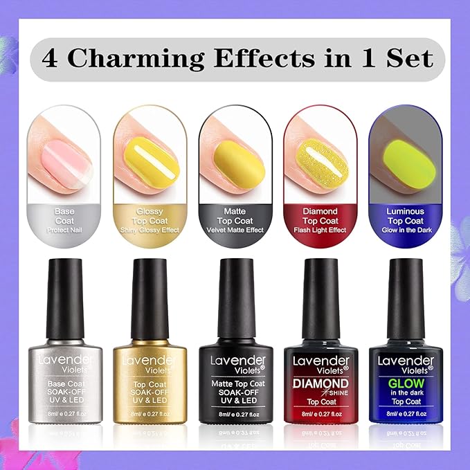 Lavender Violets 42 Pcs Gel Nail Polish Kit Set with 36 Colors Coat, 6 Bottles of Base top Coat, Glossy Matte Diamond Shine Glow in the Dark Top Coat for Nail Art C951