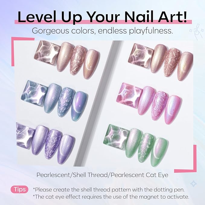 Modelones Pearl Gel Nail Polish, 6 Colors Shimmer Cat Eye Magnetic Nail Drawing Set with Magnet, Iridescent Mermaid Swirl Shell Thread Purple Pink Blue Glitter, Summer DIY Manicure Gift for Women Girl