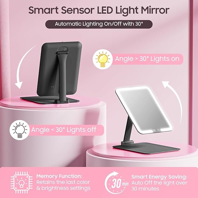 Benbilry Foldable Travel Makeup Mirror with Lights and 20X Magnification, Rechargeable Tabletop LED Vanity Mirror with Adjustable Stand, 3-Colored Dimmable Lighting, Portable Cosmetic Mirror, Black