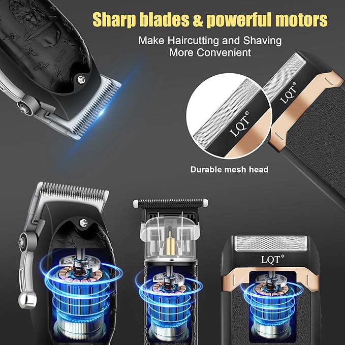 Professional Hair Clipper Set for Men Electric Shaver Razor Cordless Hair Cutting Barber Clippers Beard Trimmer Men’s Grooming Kit Gifts for him (Black)