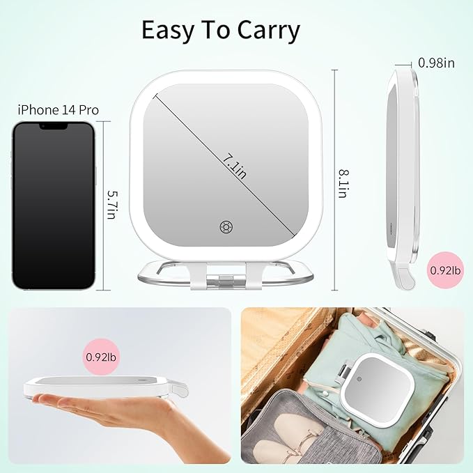 FASCINATE 10X Magnification Rechargeable Travel Makeup Mirror, Lighted Portable Vanity Mirror with 3 Colors Lighting & Stepless Dimming, Double Sided LED Mirror, Gift for Women (White)